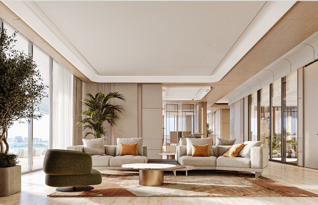 Residents' club lounge with sofas, a marble table and sea-facing glazing, Isolana