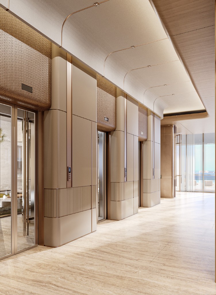 Lift lobby with stone-clad elevator doors and a view to the water, Isolana
