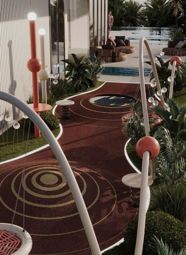 Children's outdoor play area with swings beside planting and the pool, Isolana