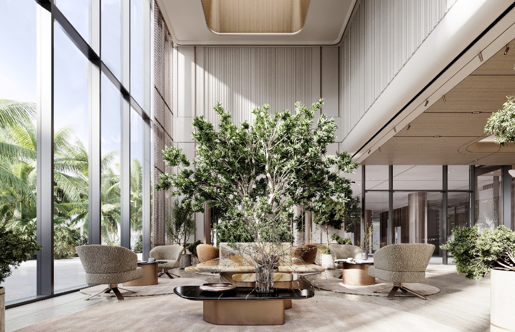 Lobby lounge with a garden tree, boucle seating and palm views, Isolana