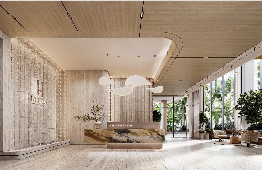 Reception desk in stone and timber with a water wall, Isolana