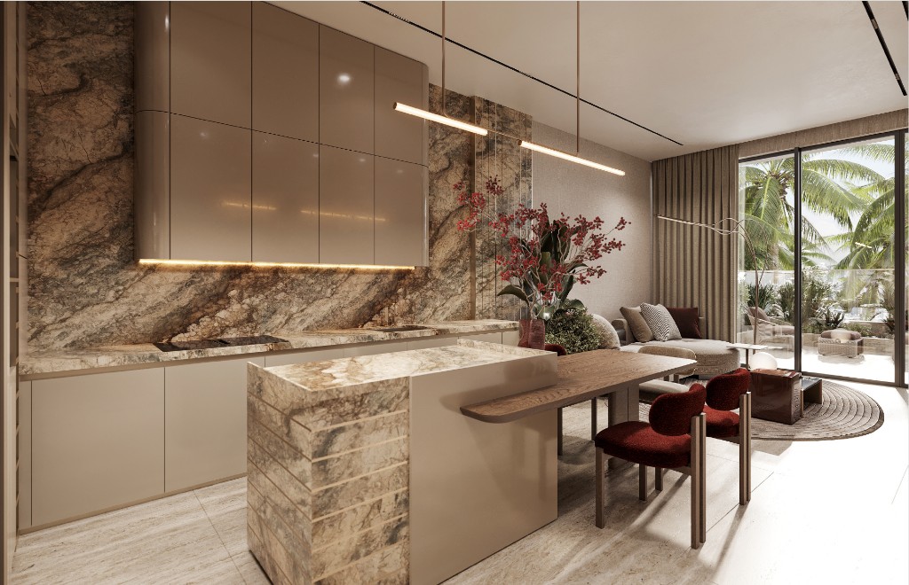 Kitchen and dining area with marble finishes and a terrace beyond, Isolana