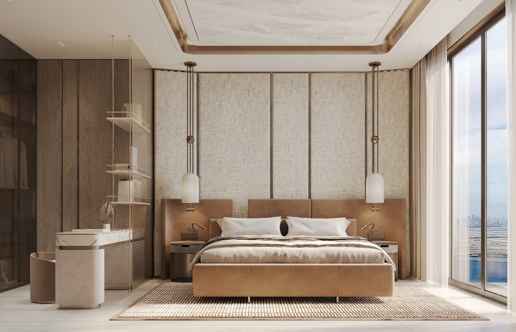 Three-bedroom master suite with a textured headboard and city view, Isolana