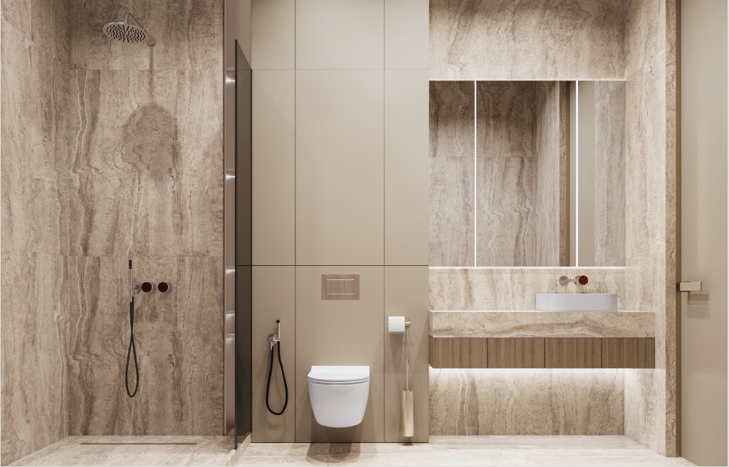 Stone bathroom with a walk-in shower, wall-hung basin and mirror, Isolana