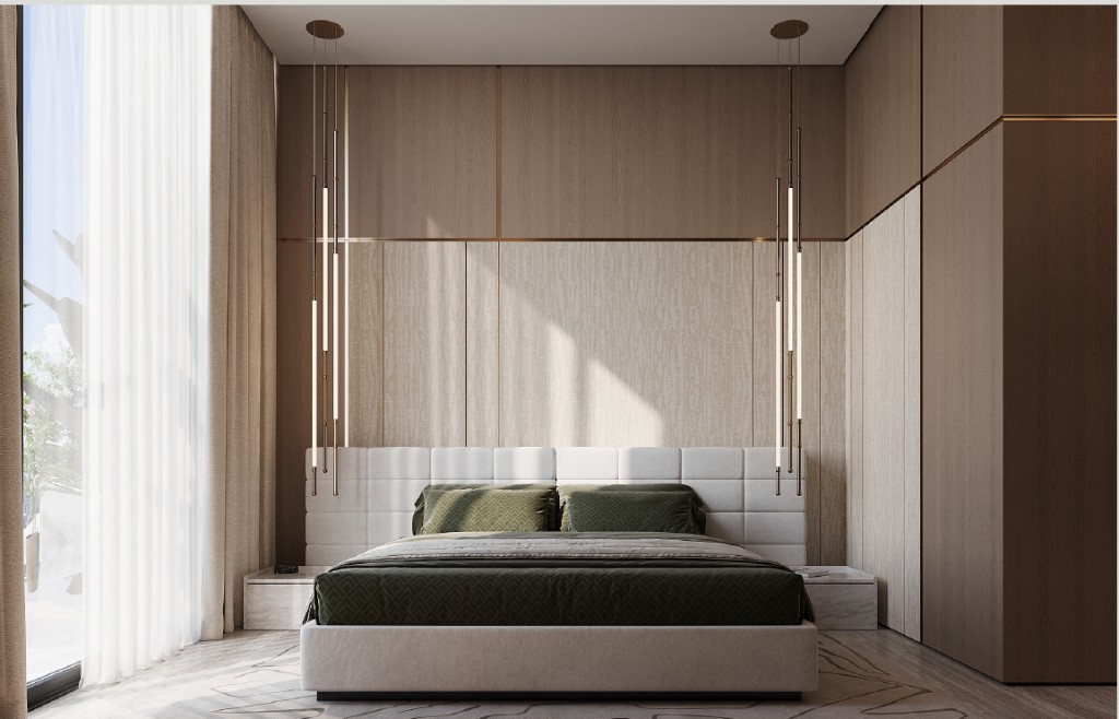 Bedroom with a panelled headboard, pendant lights and garden glazing, Isolana