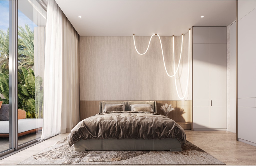 Bedroom with a sculptural wall light and sliding doors to the terrace, Isolana