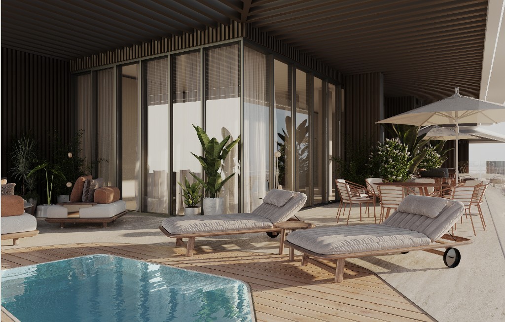 Penthouse balcony with a plunge pool, daybeds and a shaded dining table, Isolana