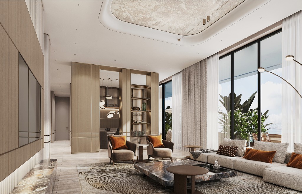 Penthouse living room with lounge seating, stone tables and garden glazing, Isolana