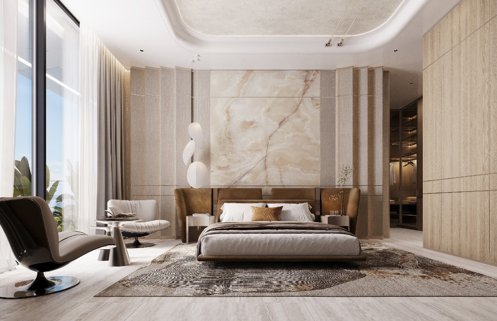 Penthouse master bedroom with a stone feature wall and dressing room, Isolana