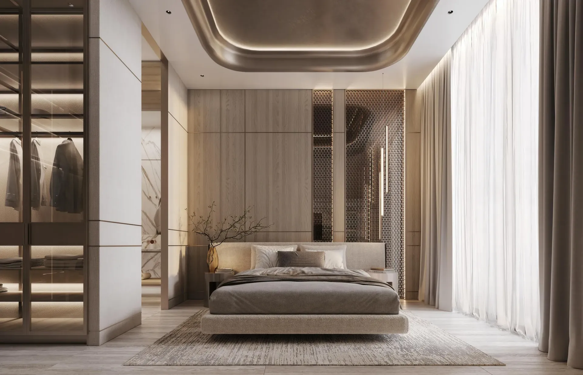 One-bedroom residence bedroom with glazed walk-in wardrobe at Isolana