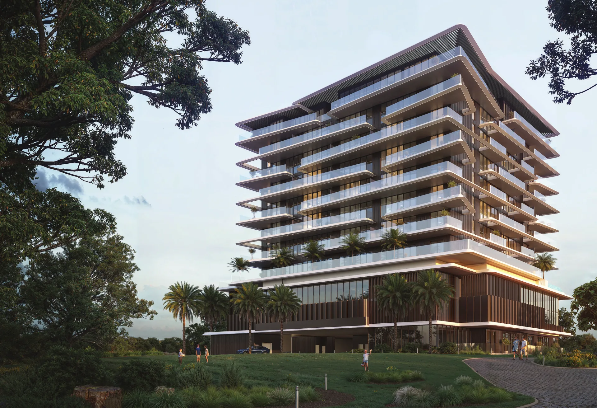 Isolana's sculpted, angular balconies by Tony Ashai, set in landscaped parkland