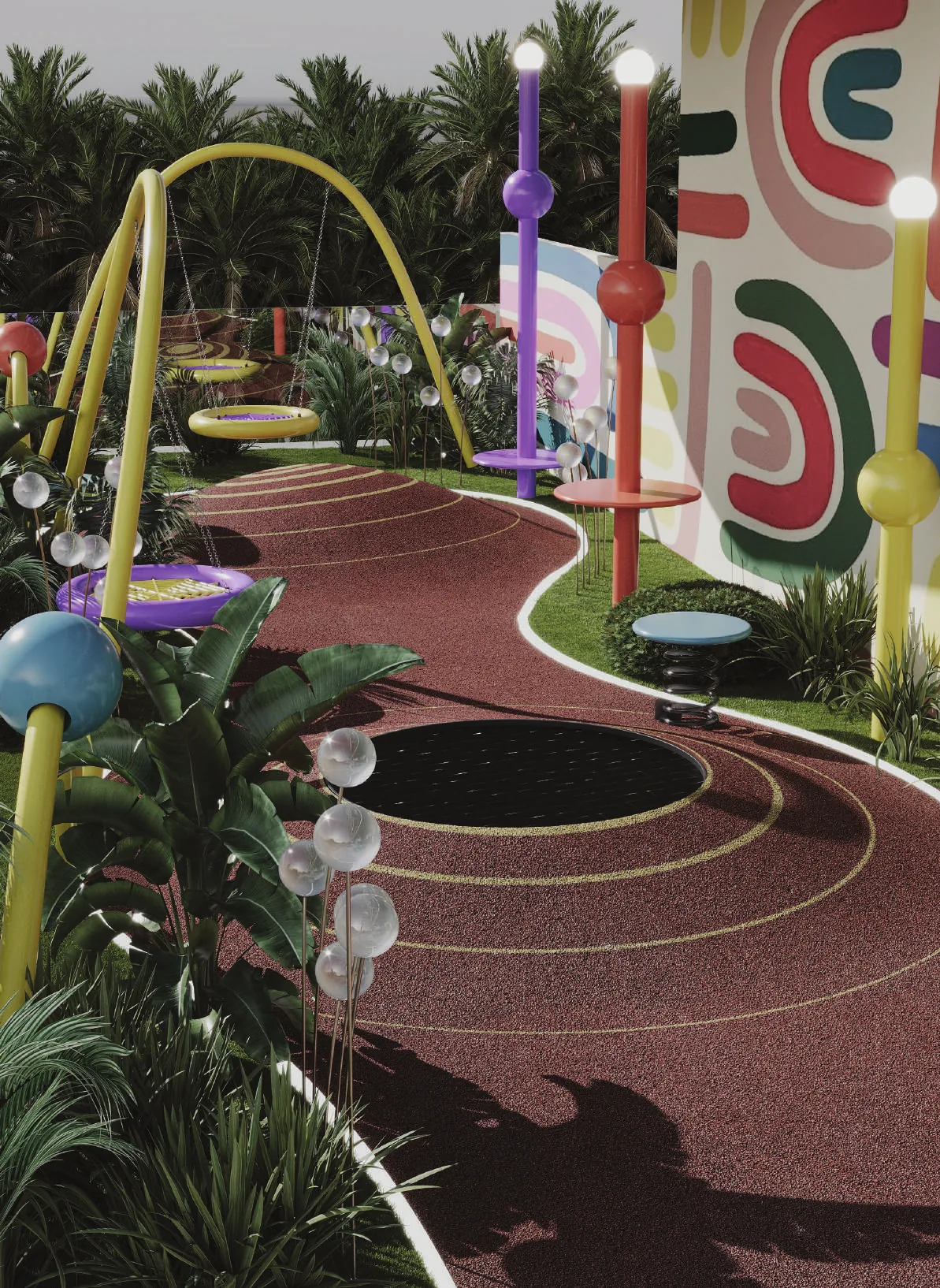 Children's outdoor play garden with colourful sculptural play equipment