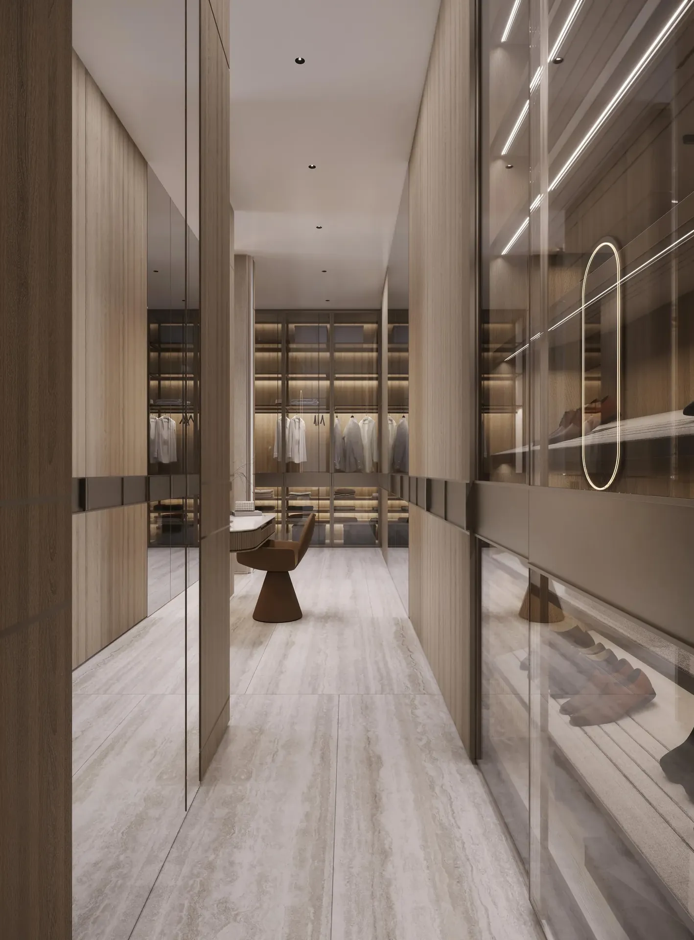 Walk-in dressing room in oak and bronze