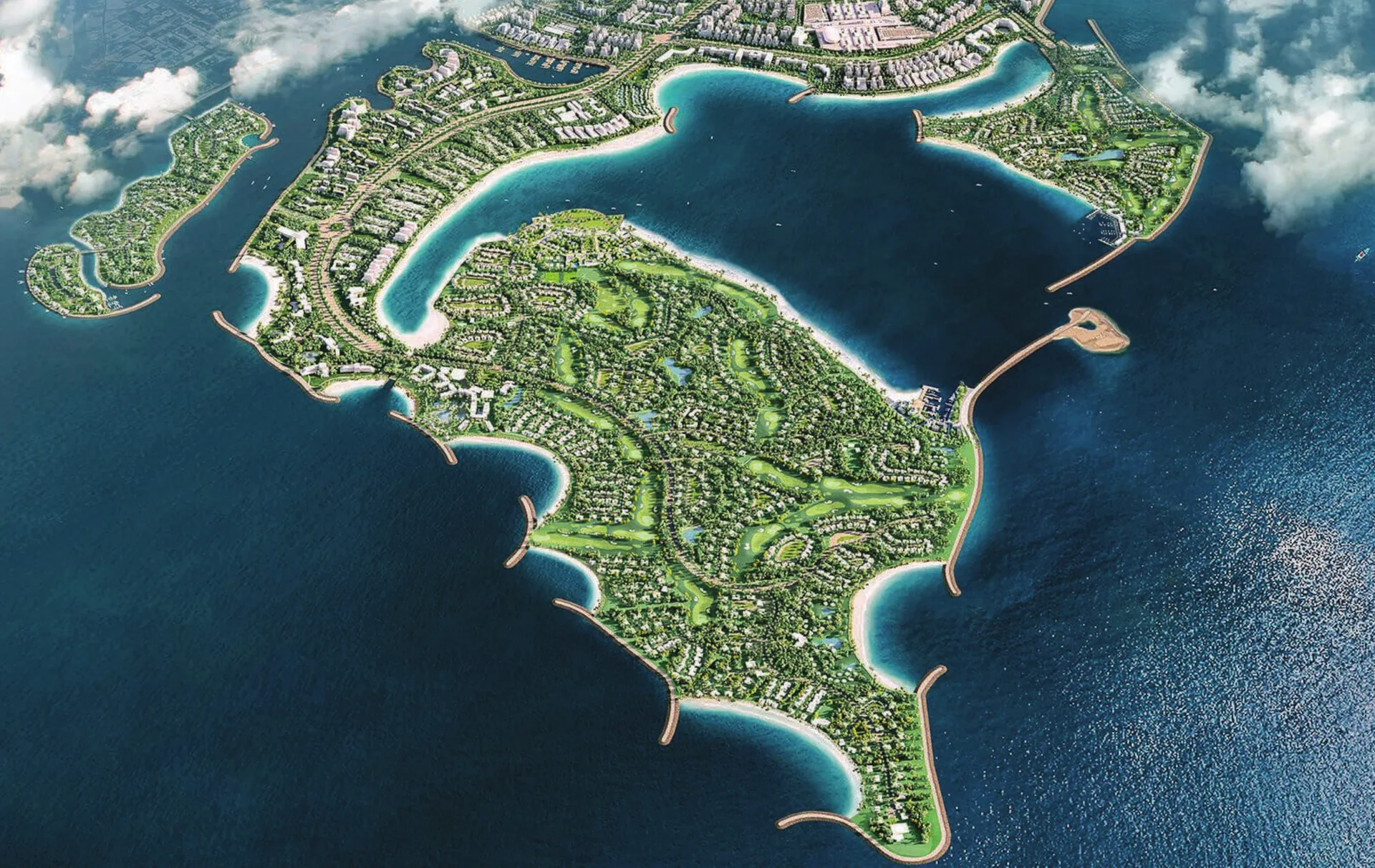 Aerial view of Dubai Islands, with the landscaped central island ringed by beaches and open sea