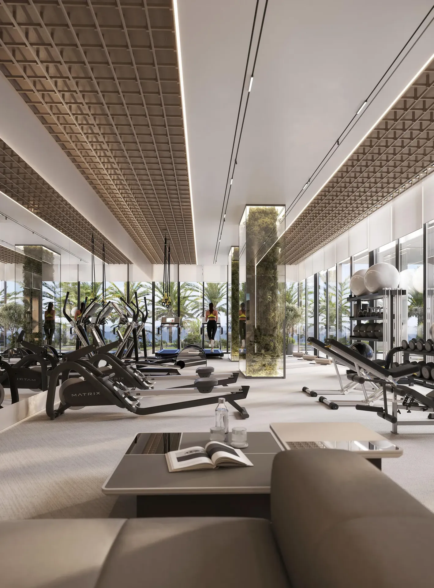 Gym with timber-slatted ceiling and full-height glazing