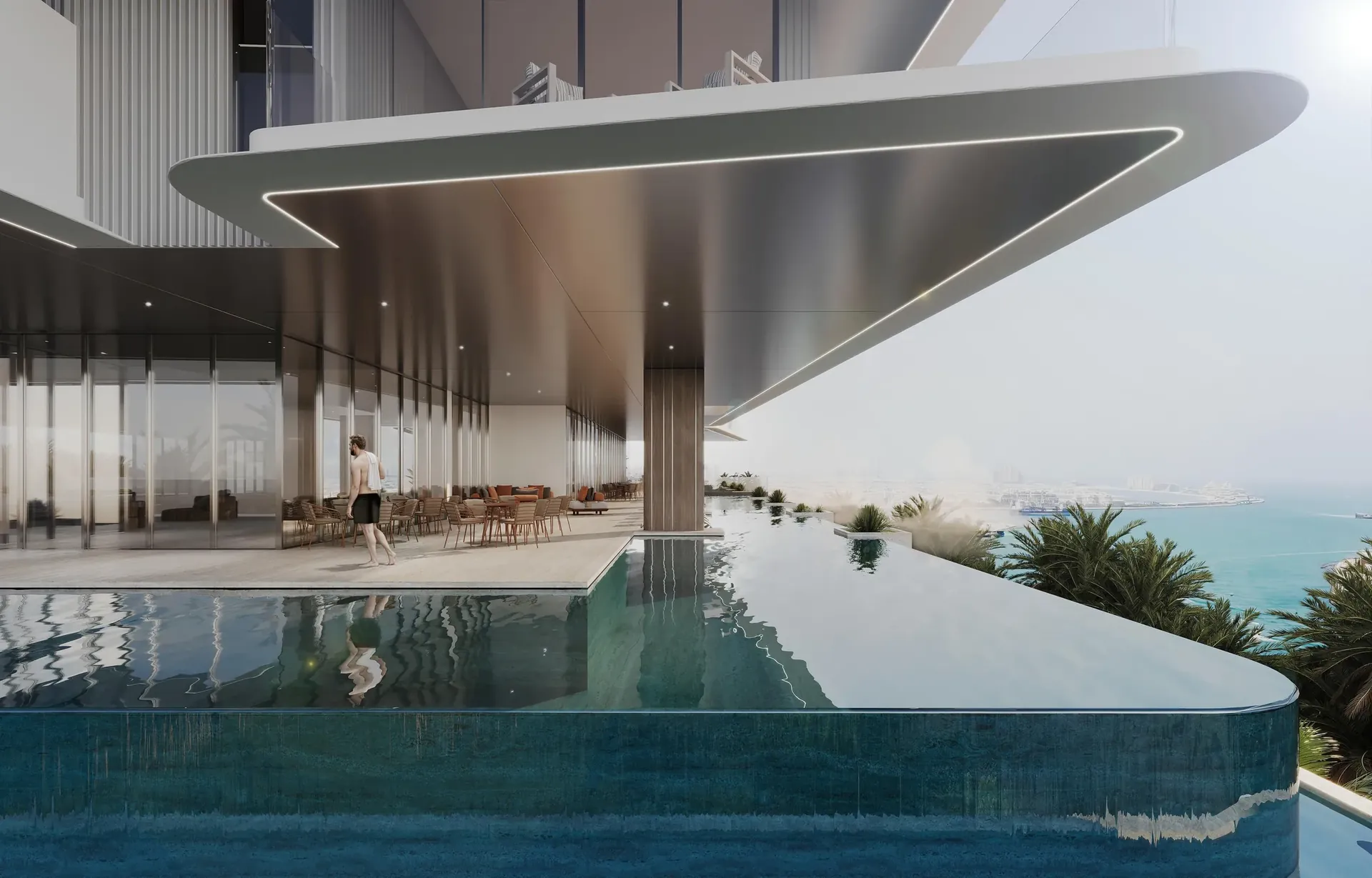 The 55-metre infinity pool at Isolana beneath a cantilevered canopy, overlooking the sea