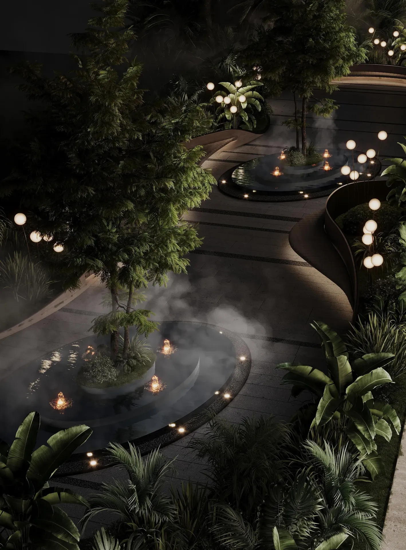 Landscaped garden lit at night