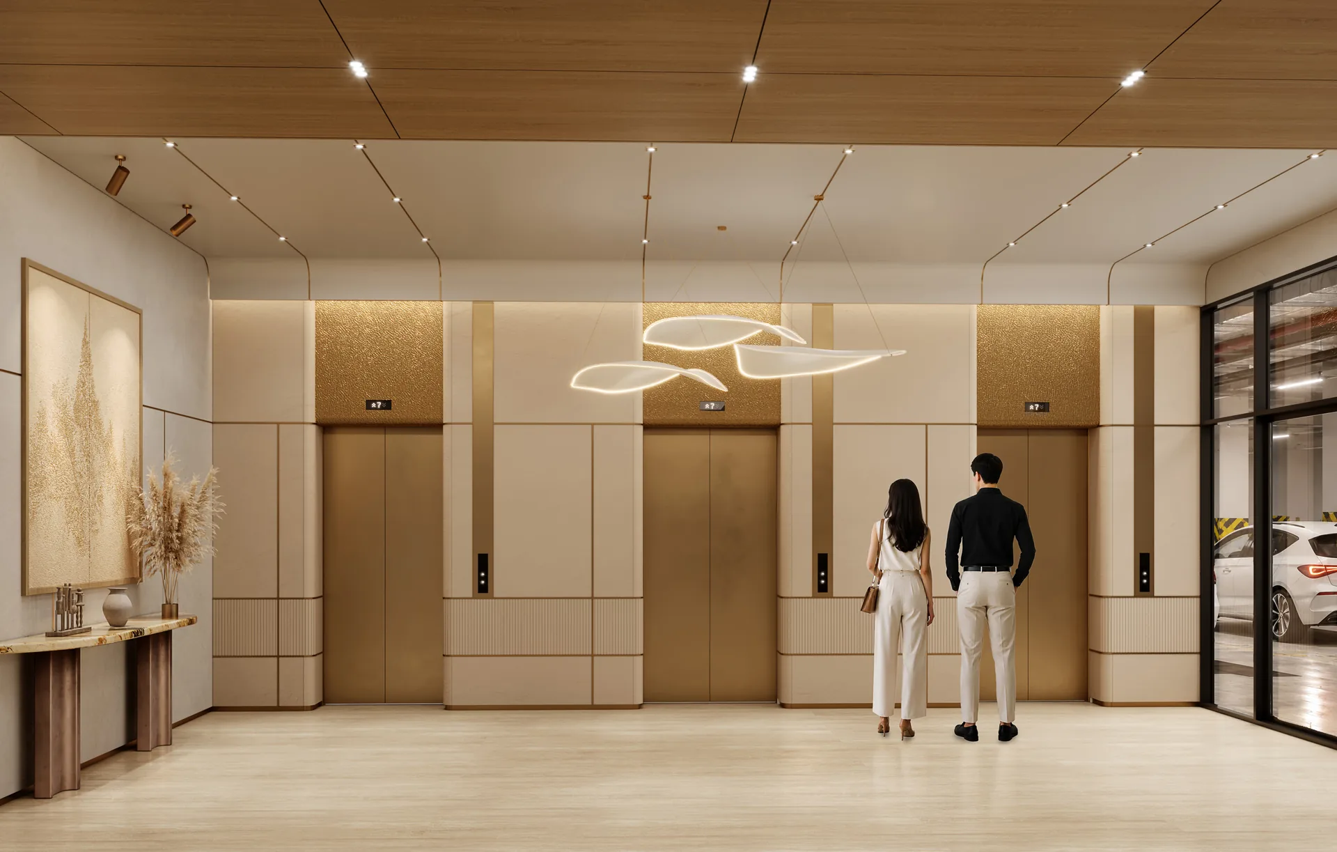 Lift lobby in travertine and timber with a sculptural light