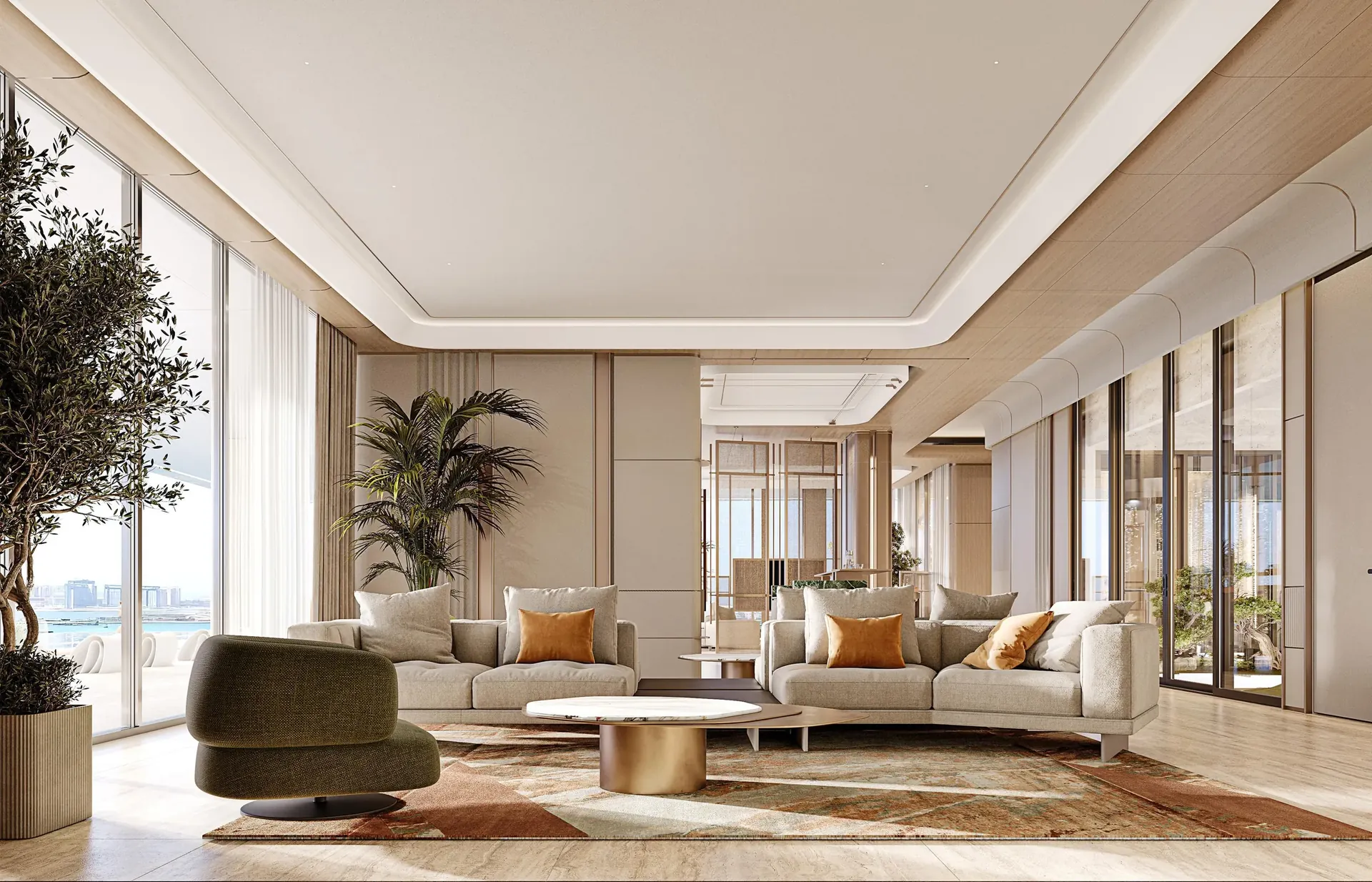 Residents' club lounge with deep sofas, palms and sea views