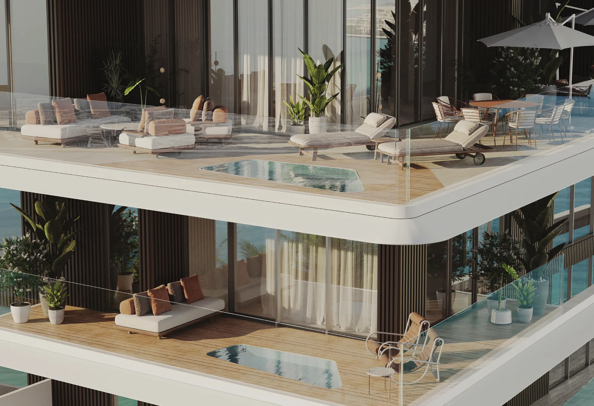 Penthouse balconies with private plunge pools and sun loungers