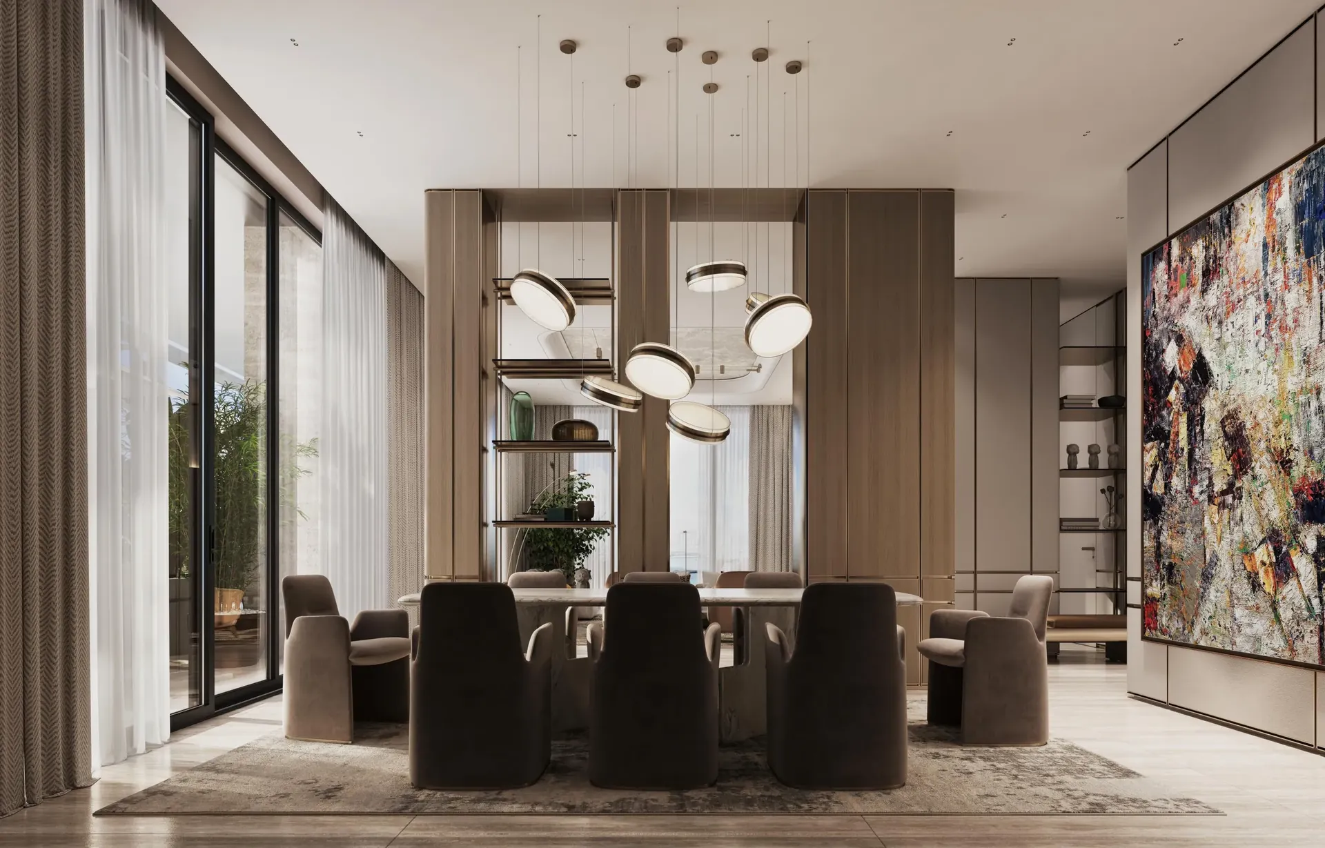 Penthouse dining room with a long marble table, sculptural pendants and a statement artwork