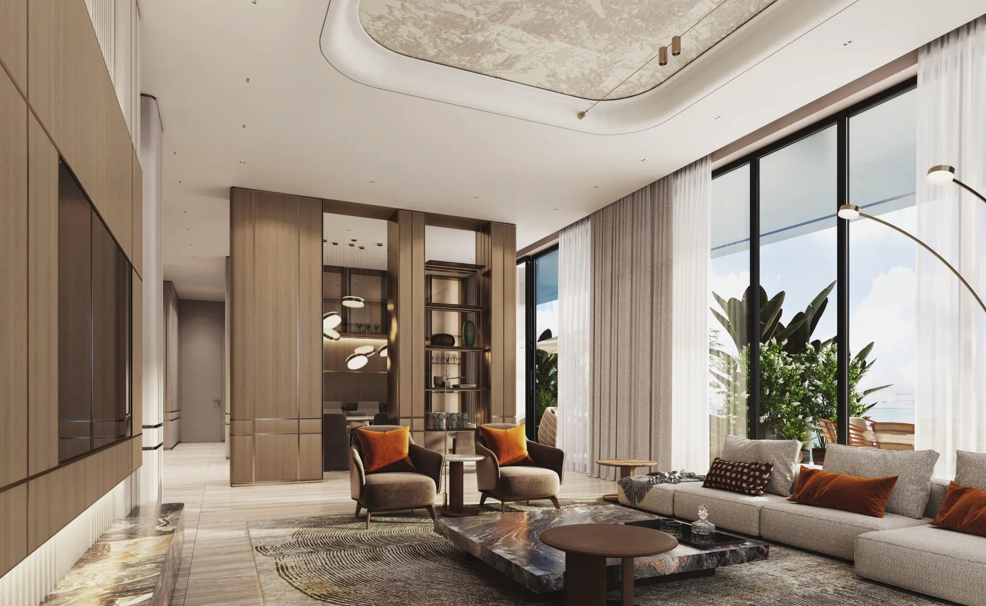 Penthouse living room with travertine floors, timber panelling and sea views