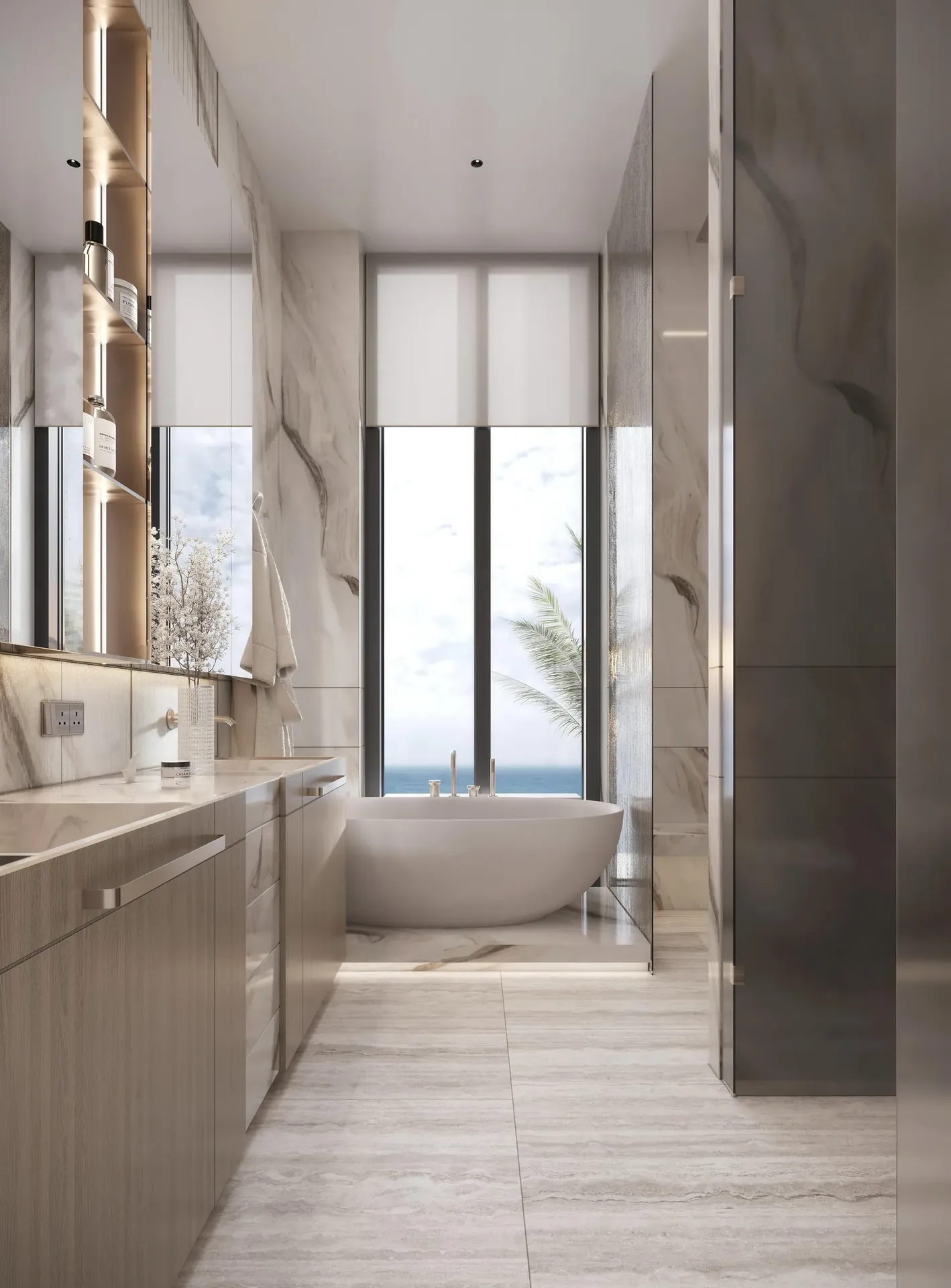 Primary bathroom with freestanding tub and sea view