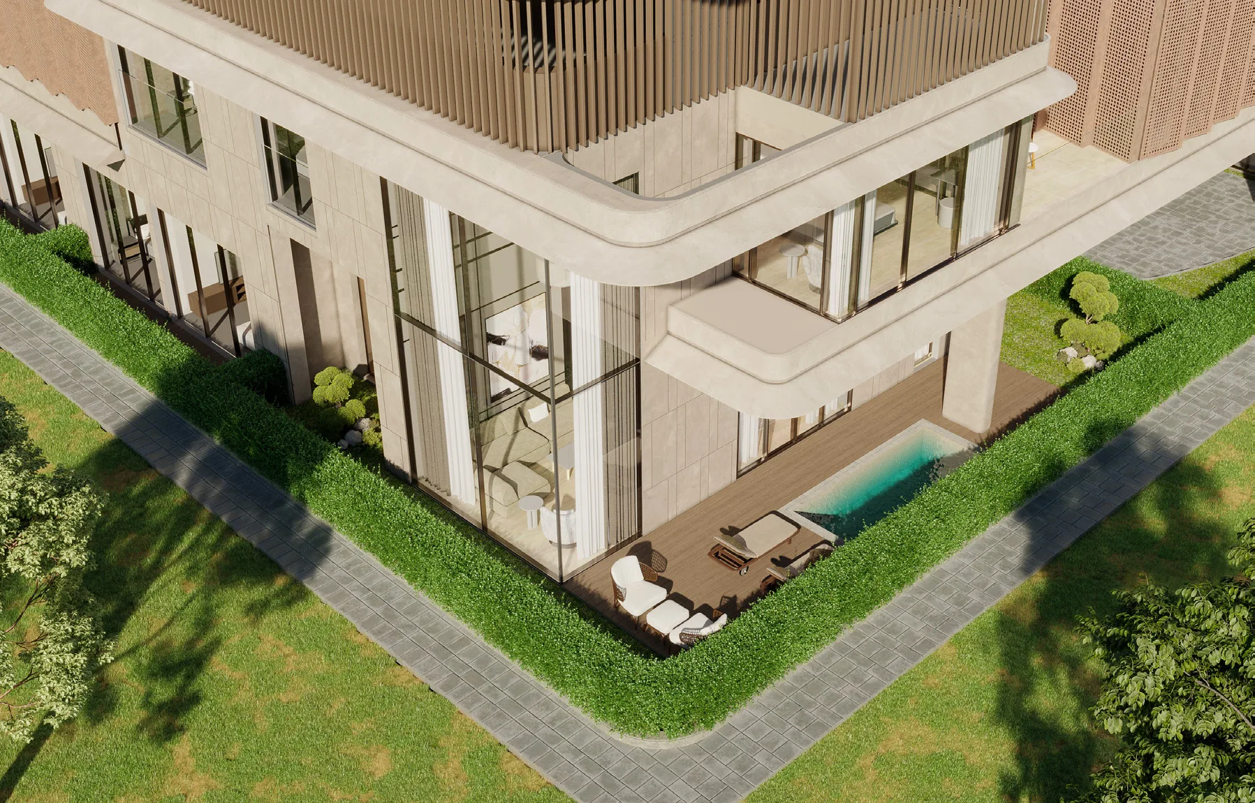 Aerial view of The Villa's private garden and pool