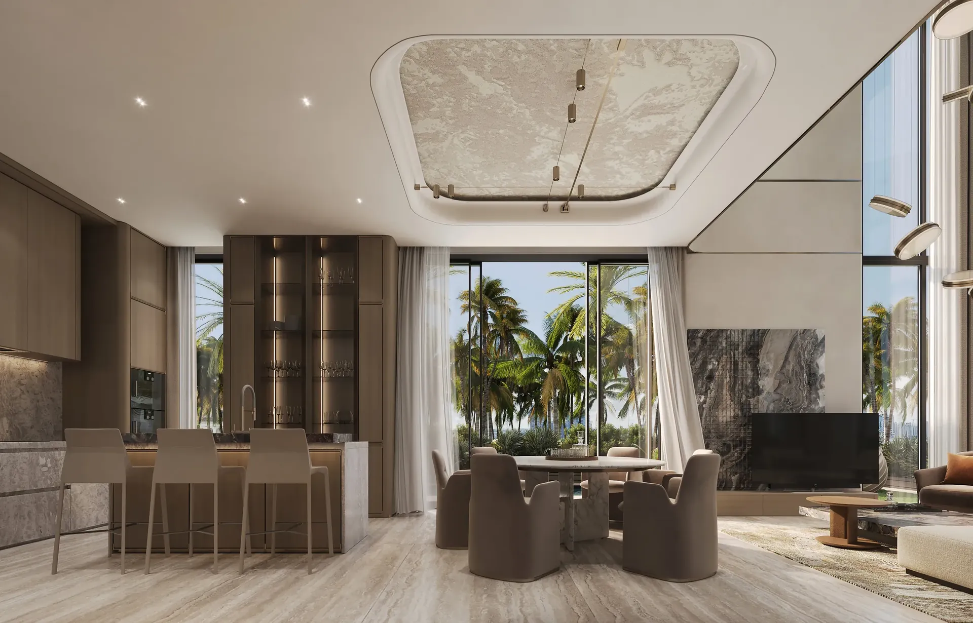 Living and dining of The Villa with an open kitchen, opening to palms