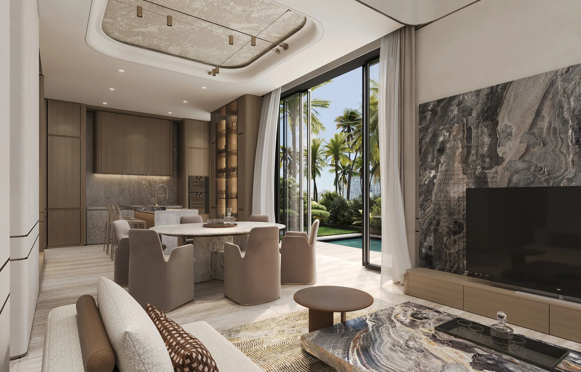 Living and dining of The Villa with a marble feature wall opening to the pool