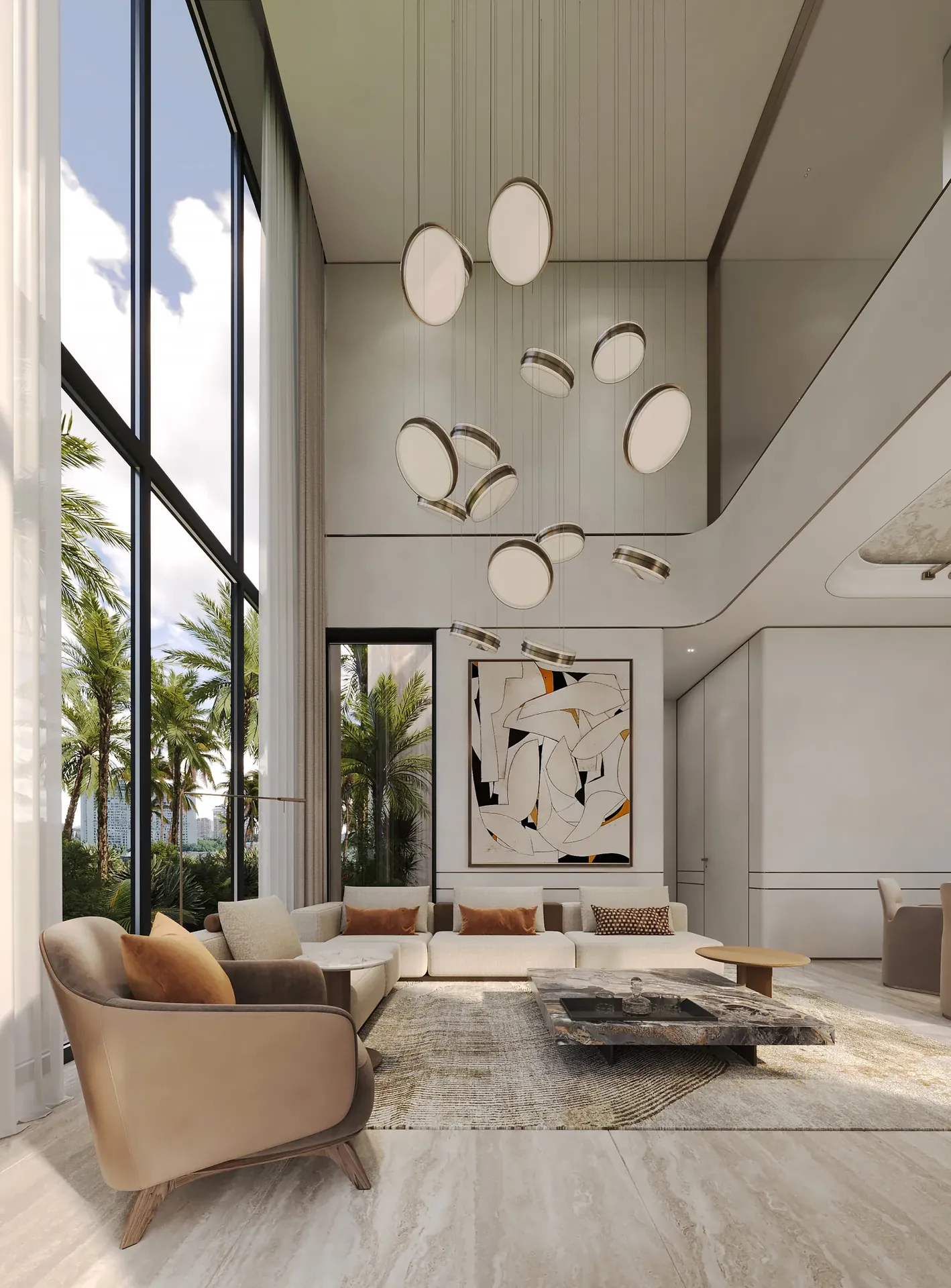 Double-height living room of The Villa with sculptural pendant lights