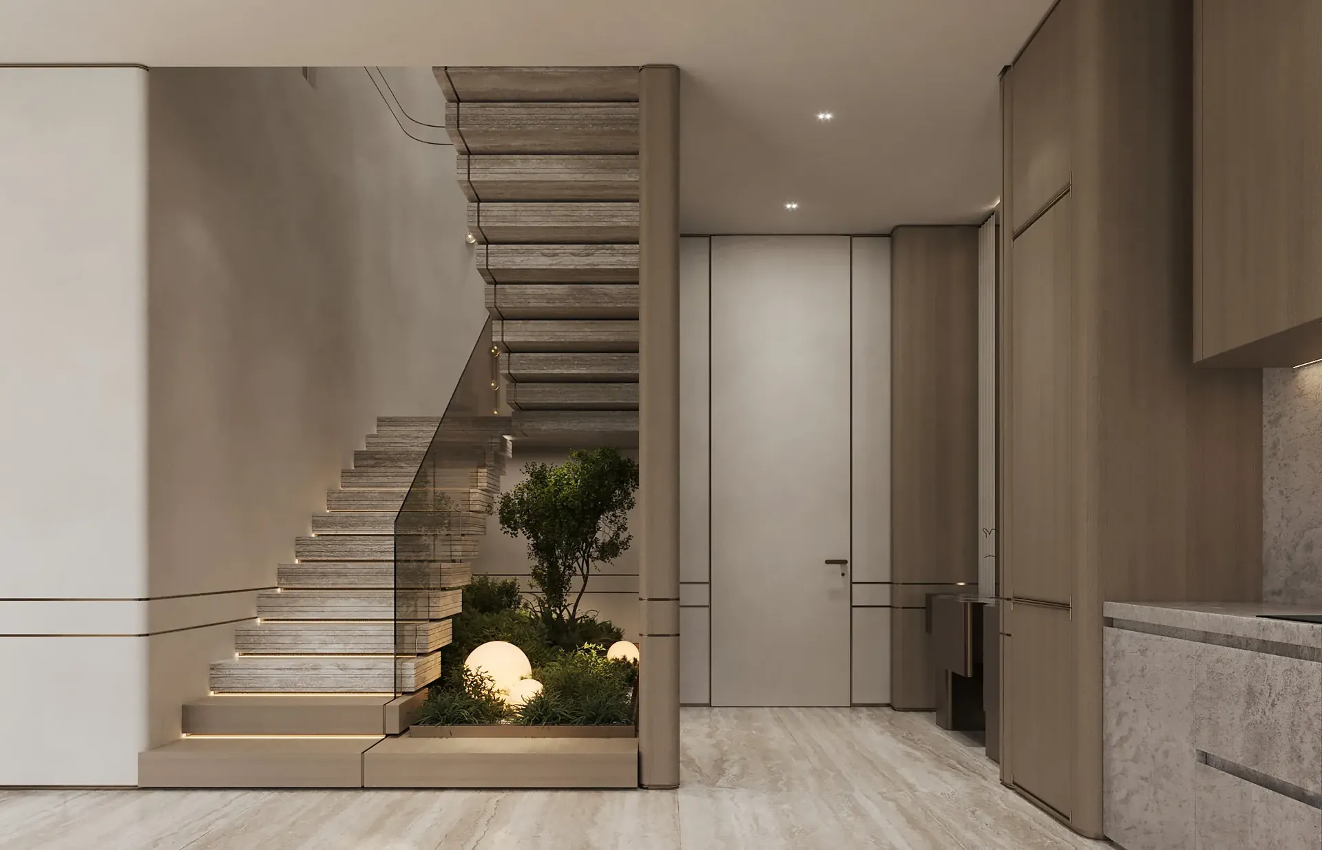 Floating travertine staircase in The Villa