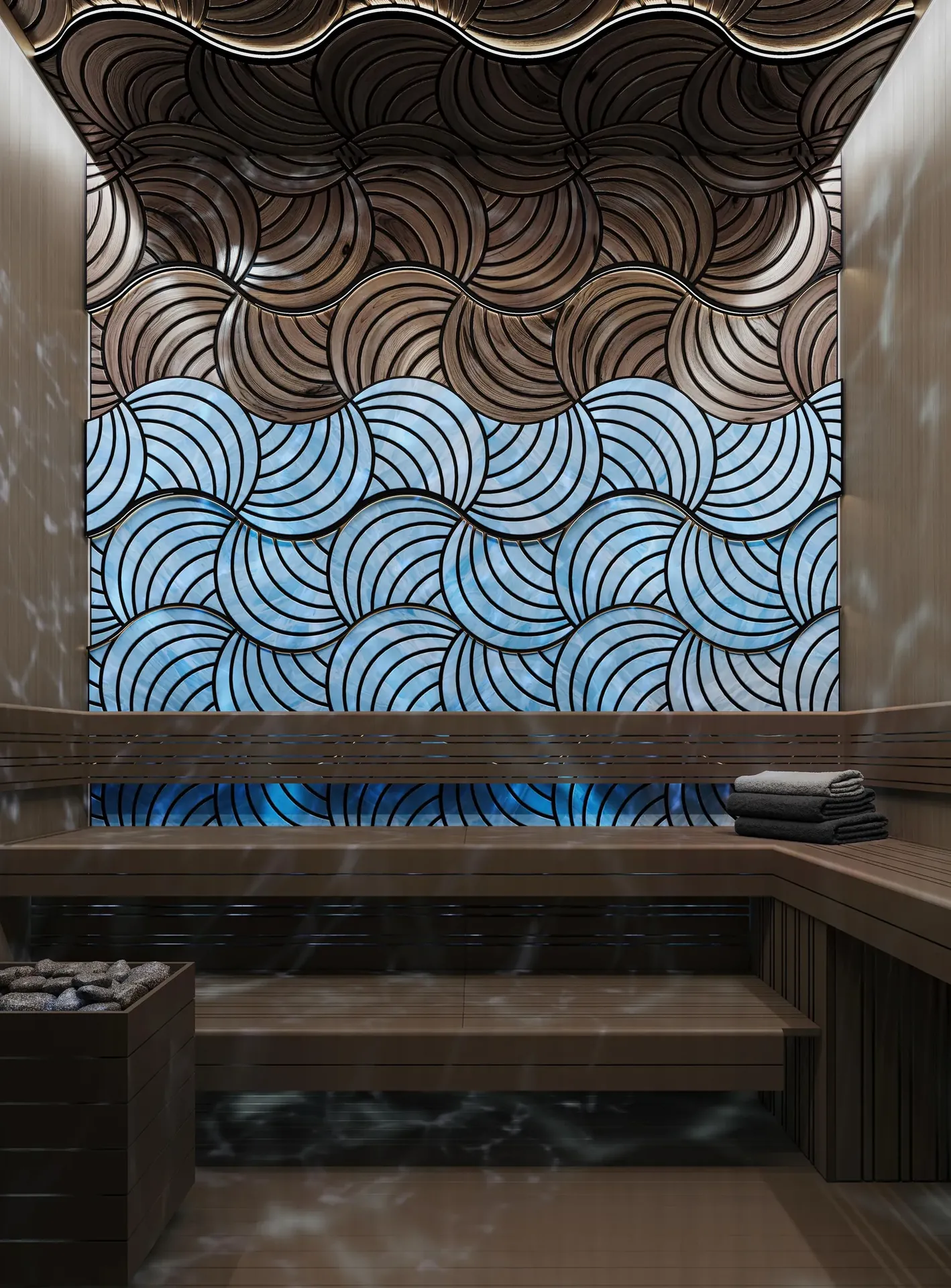 Wellness room with sculpted timber wall